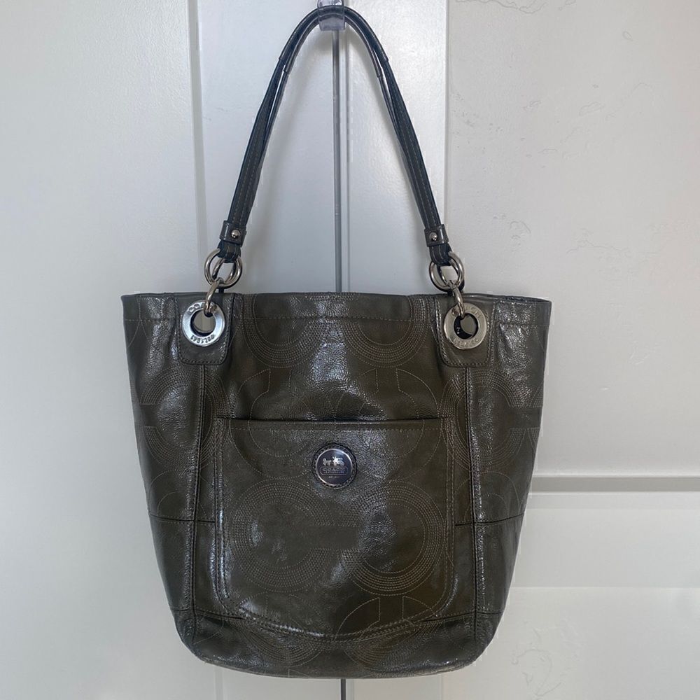 Coach Women’s Patent Leather Gray Stitched Monogram Top Zip Shoulder Handbag